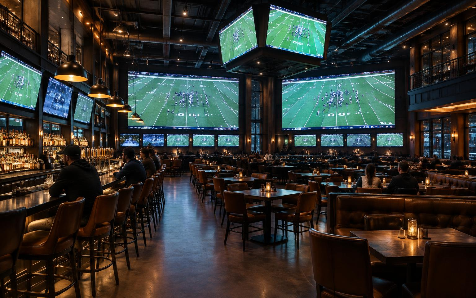 Sports bar with patrons seated at the bar and at tables, two massive LED video walls, a row of flat-screen televisions beneath them and a center-hung display