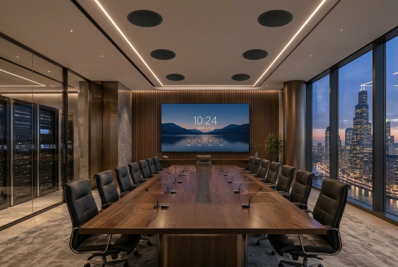 Executive boardroom at night with a large wall display showing a room standby screen, gooseneck table microphones and black flush-mounted ceiling speakers