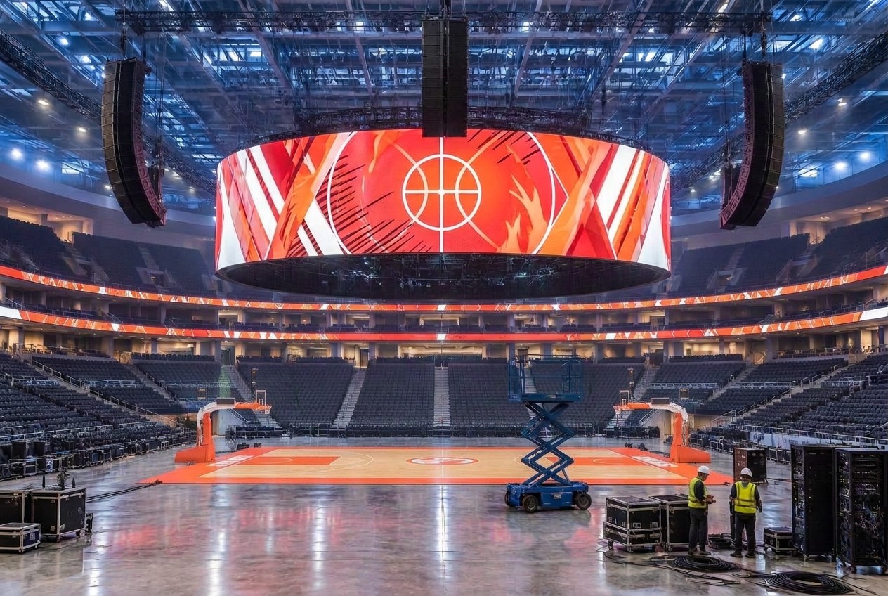 Basketball arena with a center-hung LED display, ribbon boards along the tiers and flown line-array loudspeakers