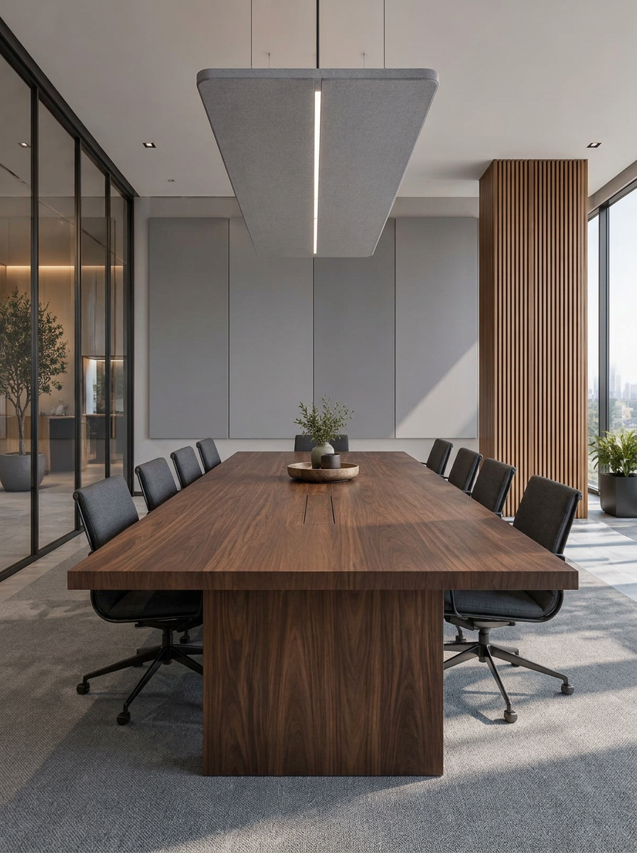 Conference room with four fabric-wrapped acoustic panels on the back wall, a fabric acoustic cloud suspended above the table, a wood-slat column and a glass partition, with no screens or loudspeakers visible