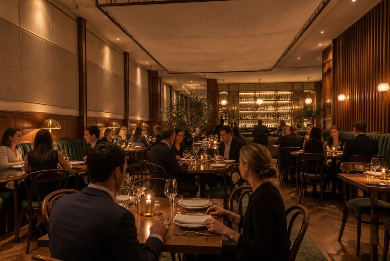 Upscale restaurant dining room at night with fabric acoustic panels above the wood wainscoting, a tensioned fabric canopy overhead and wood-slat walls behind green banquettes, diners seated with their backs to the camera