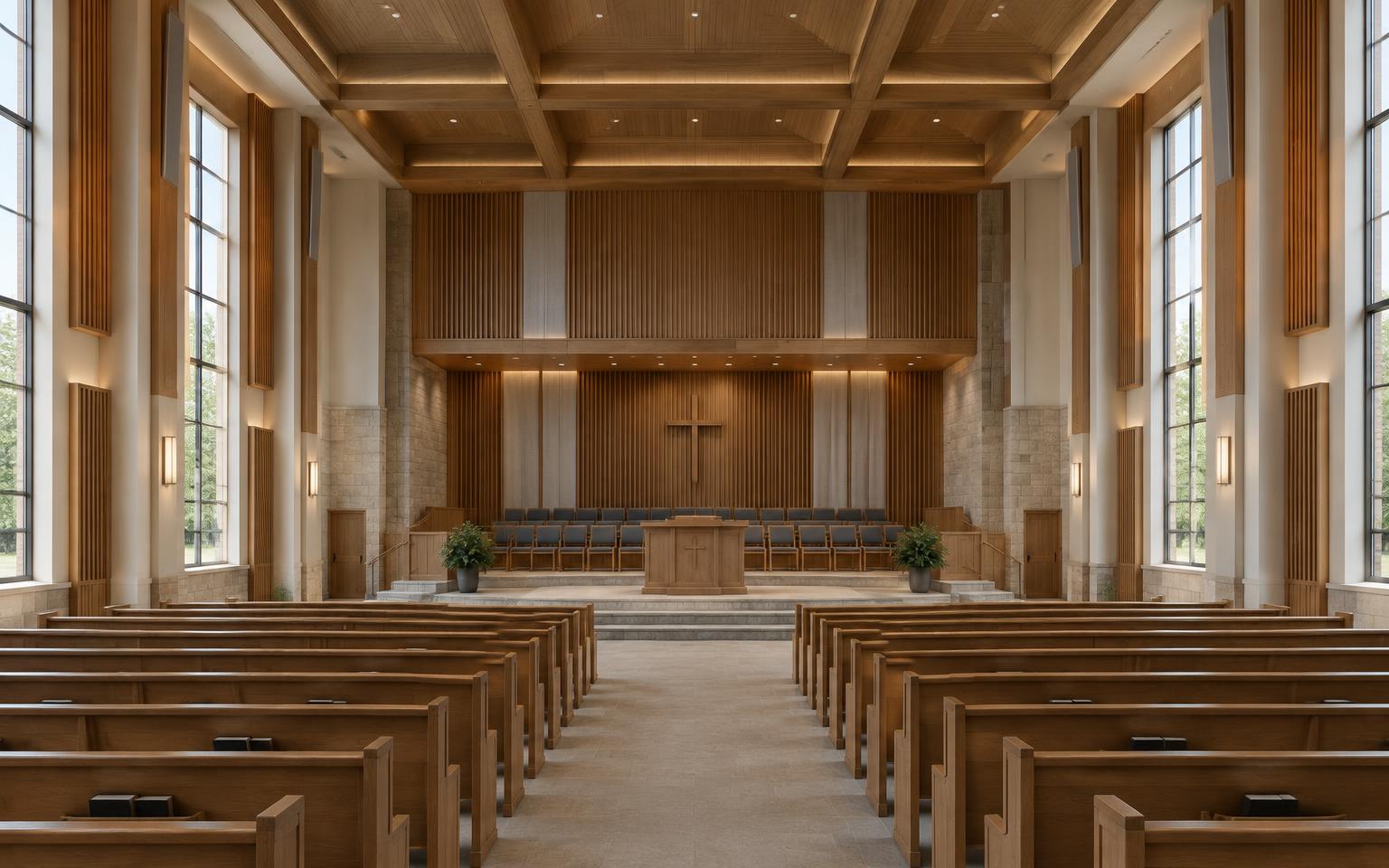 Church sanctuary with wood-slat acoustic panels between the columns, treatment above the stage and a coffered wood ceiling, rows of pews facing a raised platform