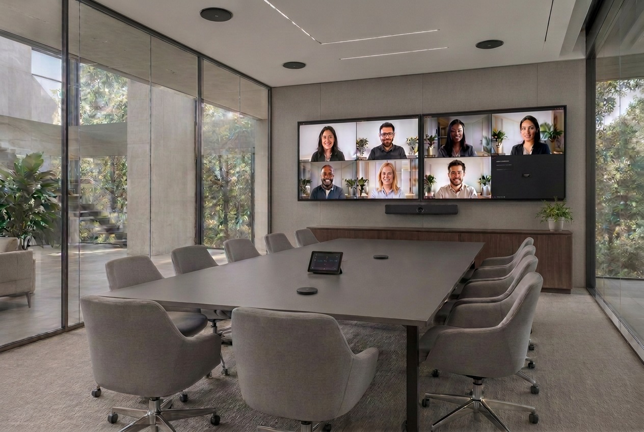 Conference room with a tabletop touch controller and two flat table microphones set along the center of the table