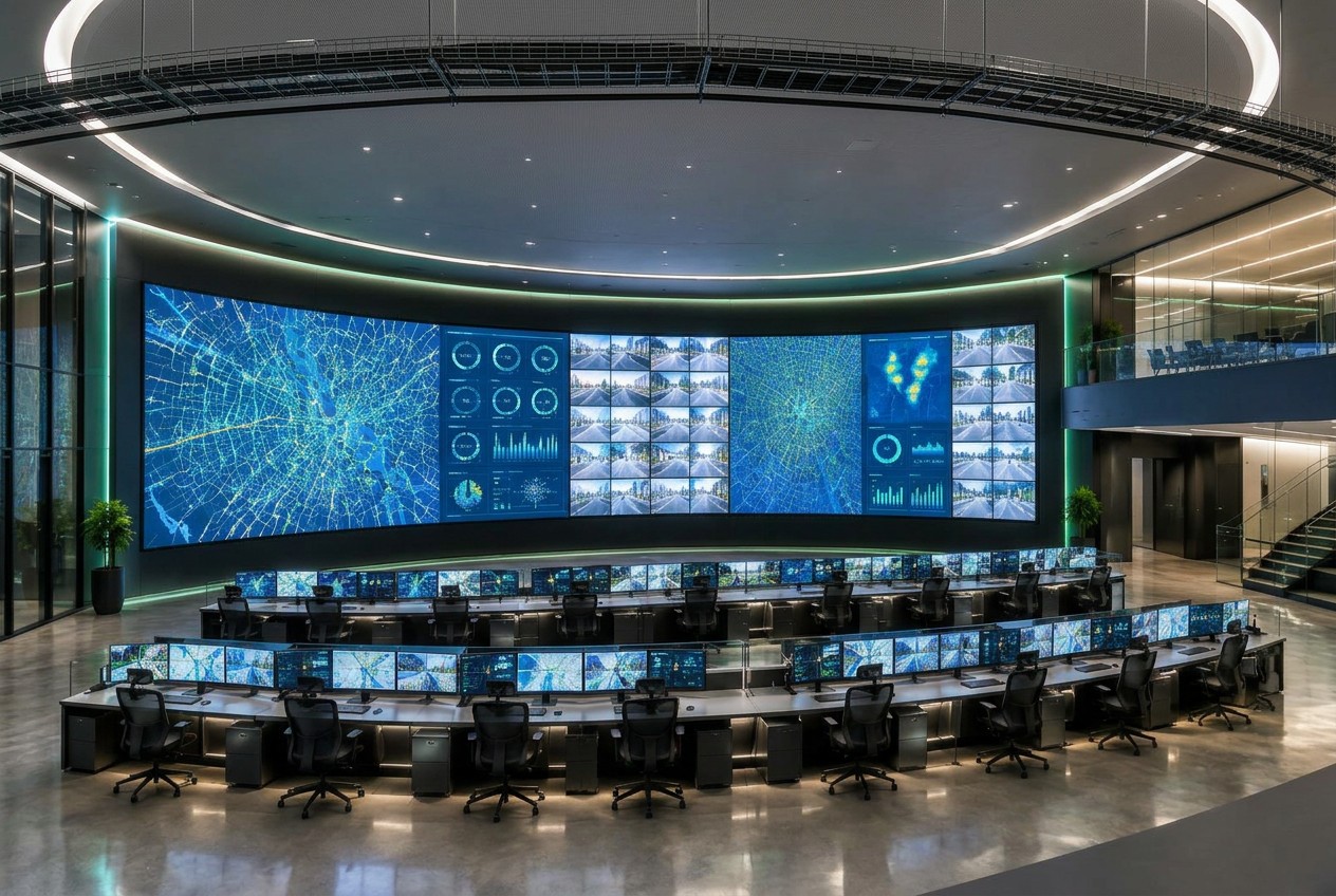 Command and control center with rows of operator consoles and a full-width curved video wall