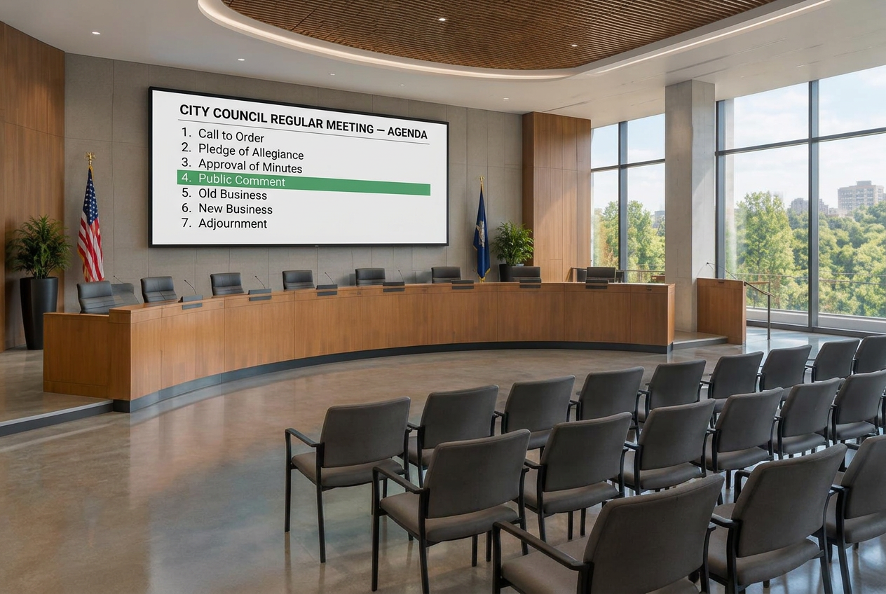 City council chambers with a presentation display and microphones at the dais