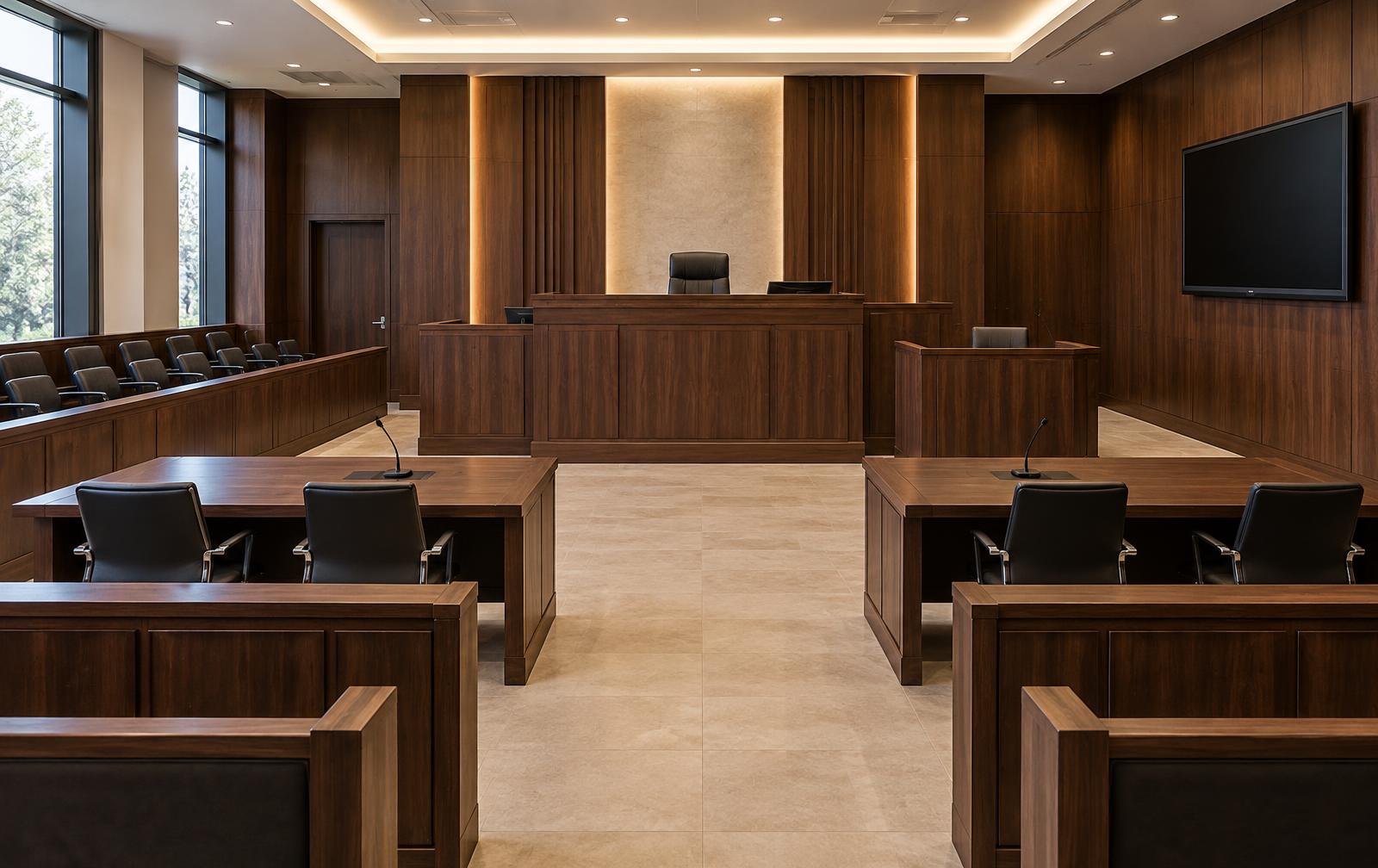 Modern courtroom with the judge's bench, counsel tables and a presentation monitor