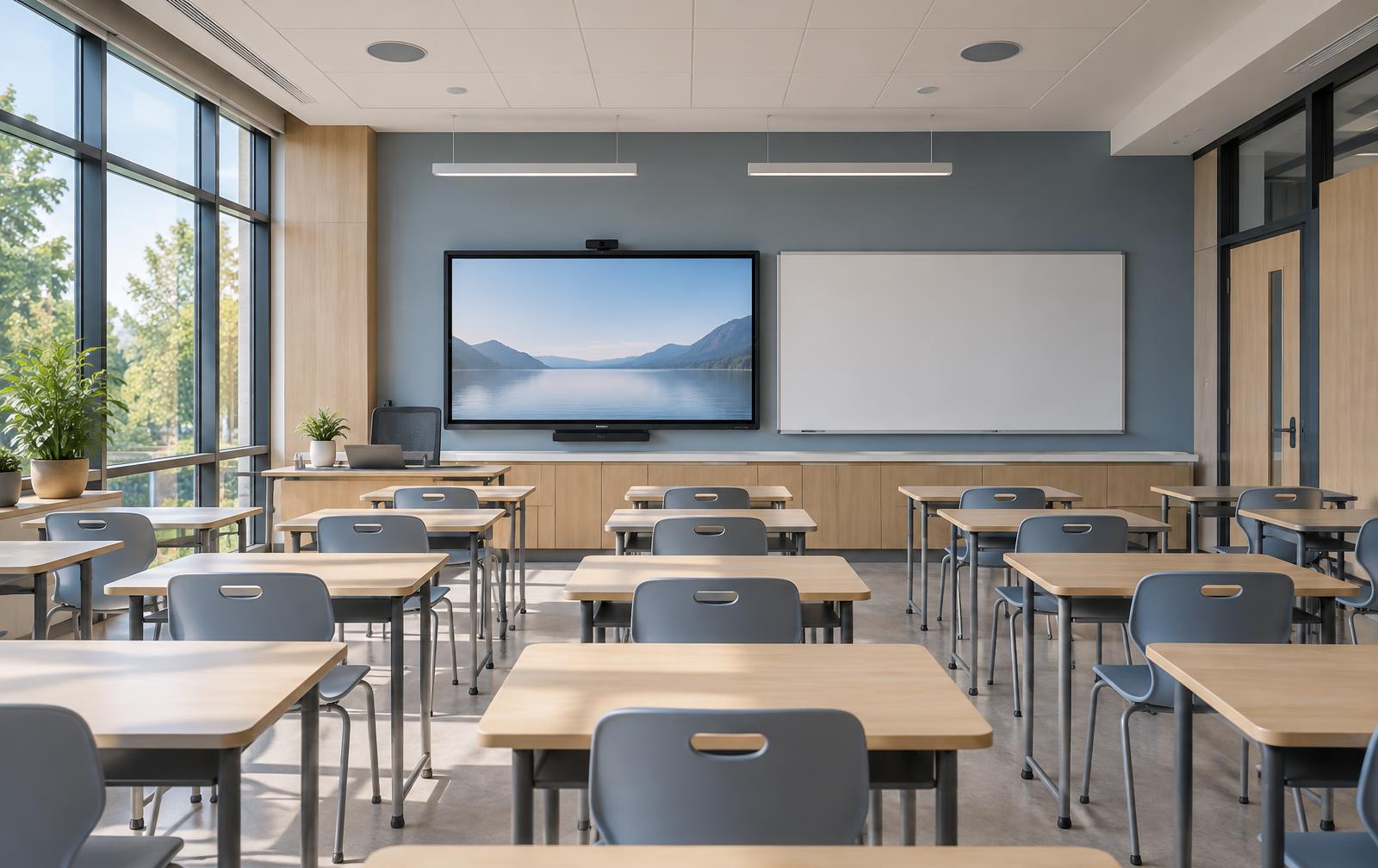 K-12 classroom with an interactive display, whiteboard and ceiling speakers