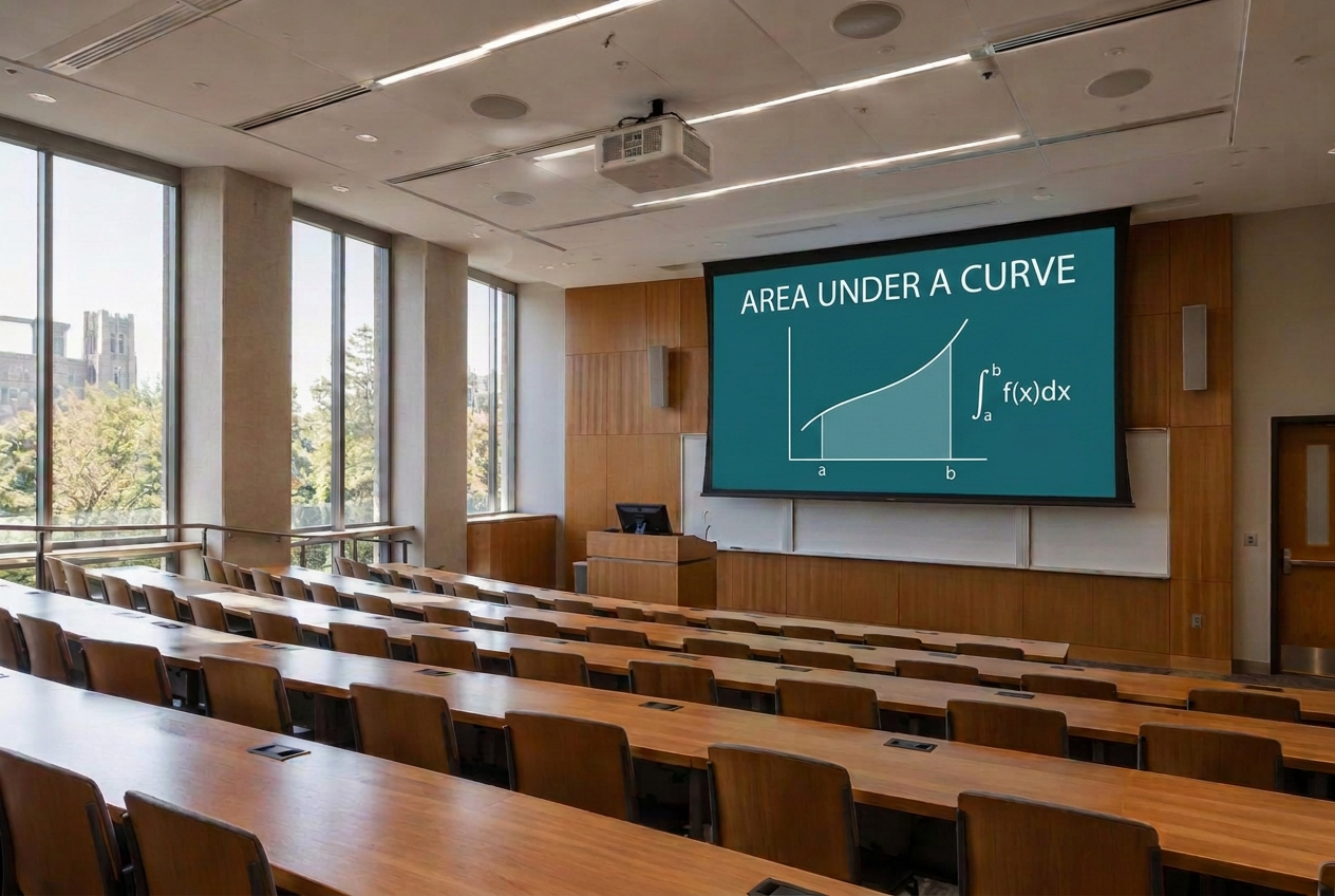 College lecture hall with a projector, projection screen and ceiling speakers