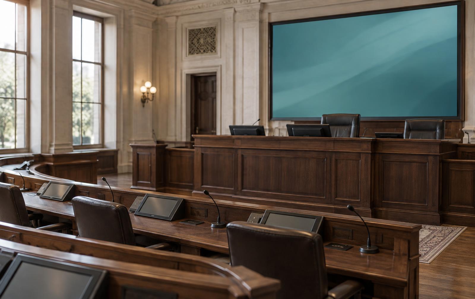 Legislative chamber with tiered seating, microphones and a presentation display