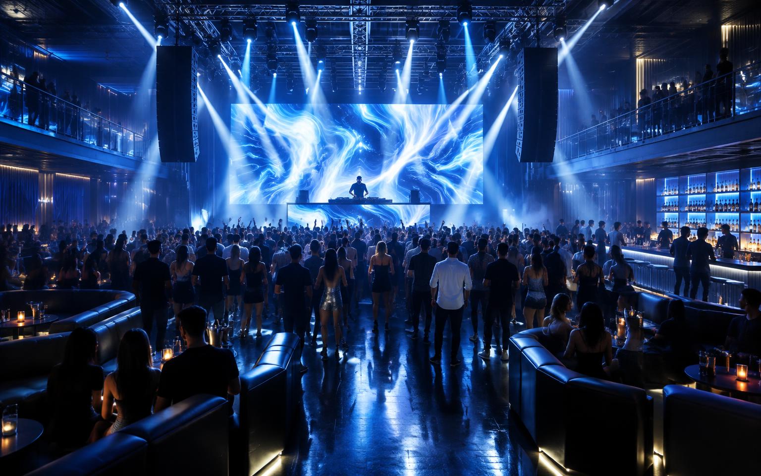 Dance nightclub with a DJ booth in front of a large LED video wall, flown line-array loudspeakers on both sides, an overhead lighting truss, a crowded dance floor and a backlit bar along the right side