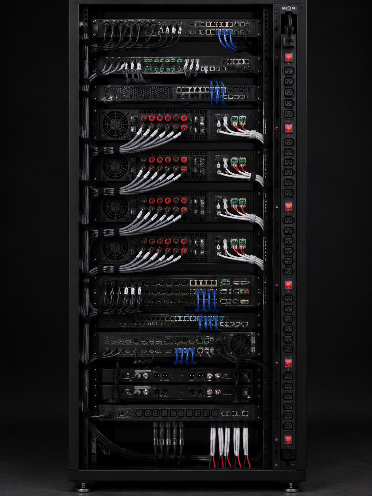 Rear of a tall AV equipment rack with 22/8 and 18/2 speaker wiring, dressed cabling and power distribution
