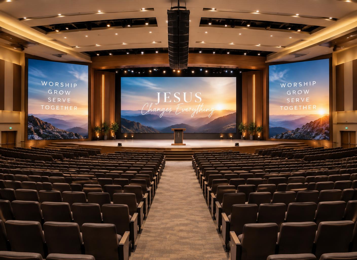 Mega church sanctuary with center-hung speaker cluster angled toward the seating and large LED video walls on each side of the pulpit
