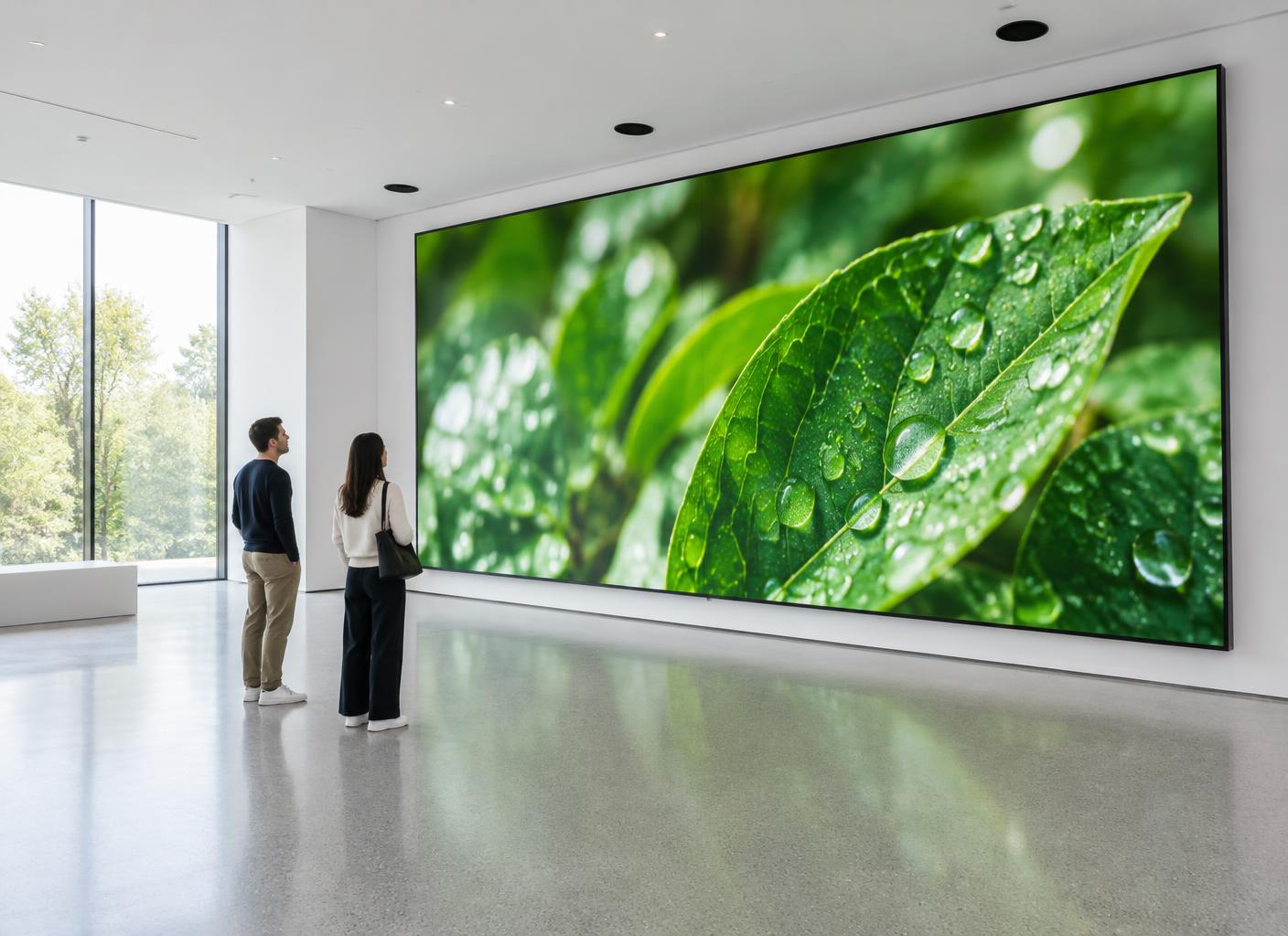 Visitors viewing a large digital display showing leaves