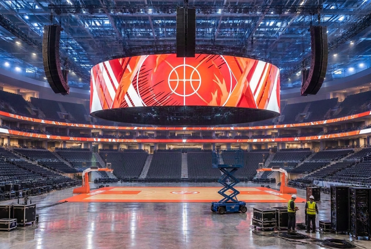 Sports arena with a large LED video wall and flown loudspeaker clusters