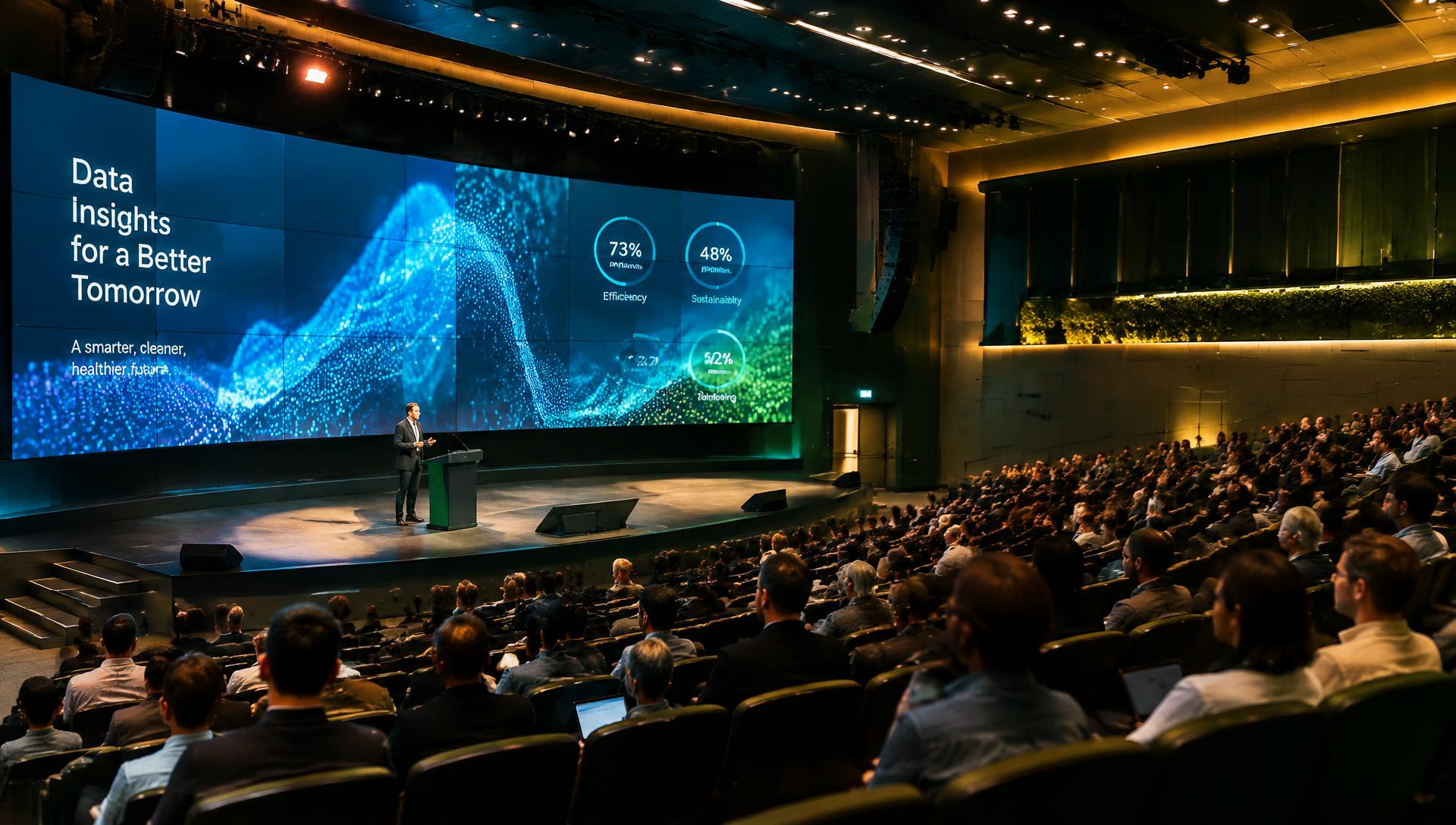 Keynote auditorium with a presenter at a podium on a curved stage, a large LED wall behind them showing a data insights presentation, and tiered seating filled with an audience