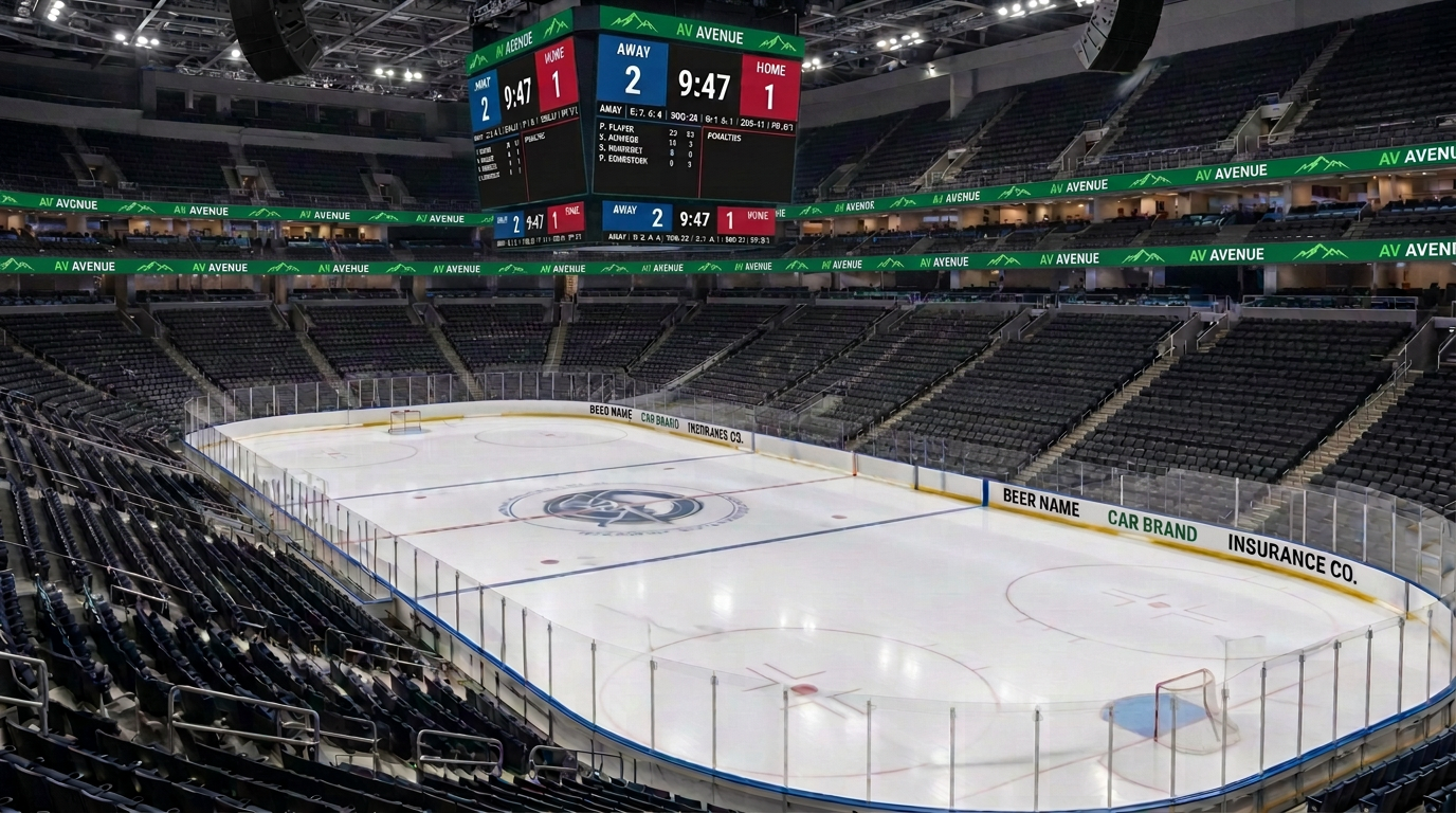 Hockey arena with a center-hung LED video board, LED ribbon boards along the bowl and flown line-array loudspeakers