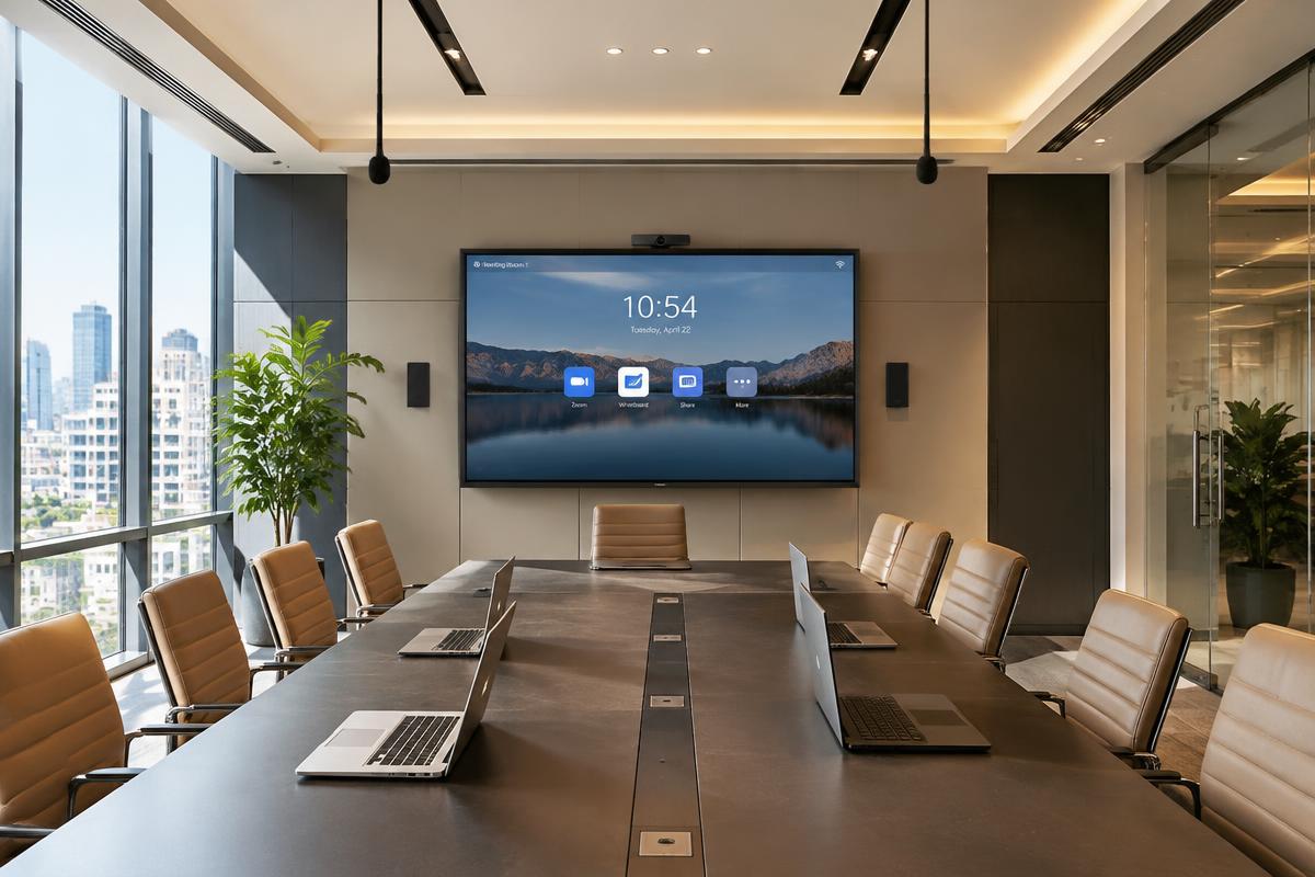 Executive boardroom with a large presentation display